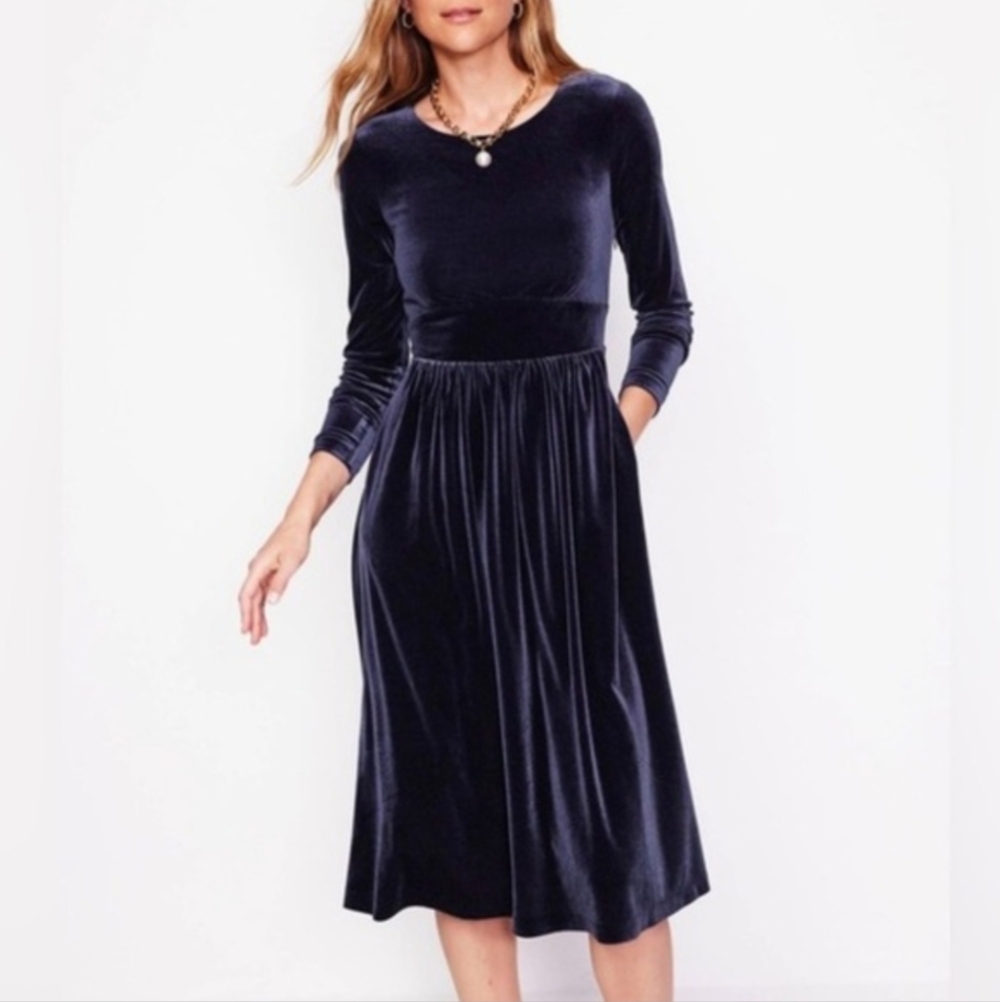 Boden Lois Velvet Midi Dress In Navy Blue 8L Rusched Waist Holiday Whimsigoth - Picture 2 of 11